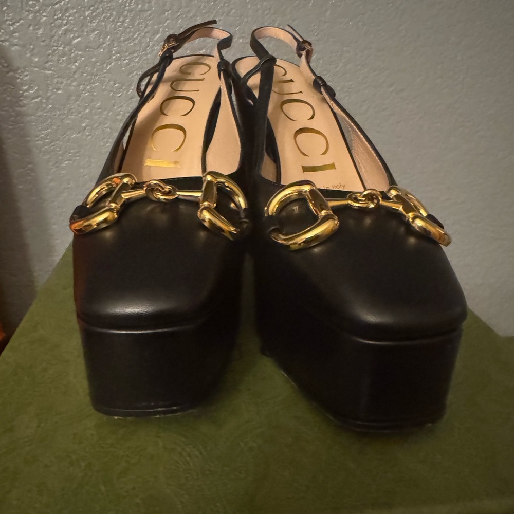 Gucci Black and Gold Platform Shoes with Chunky Sole and Slip-On wear one time